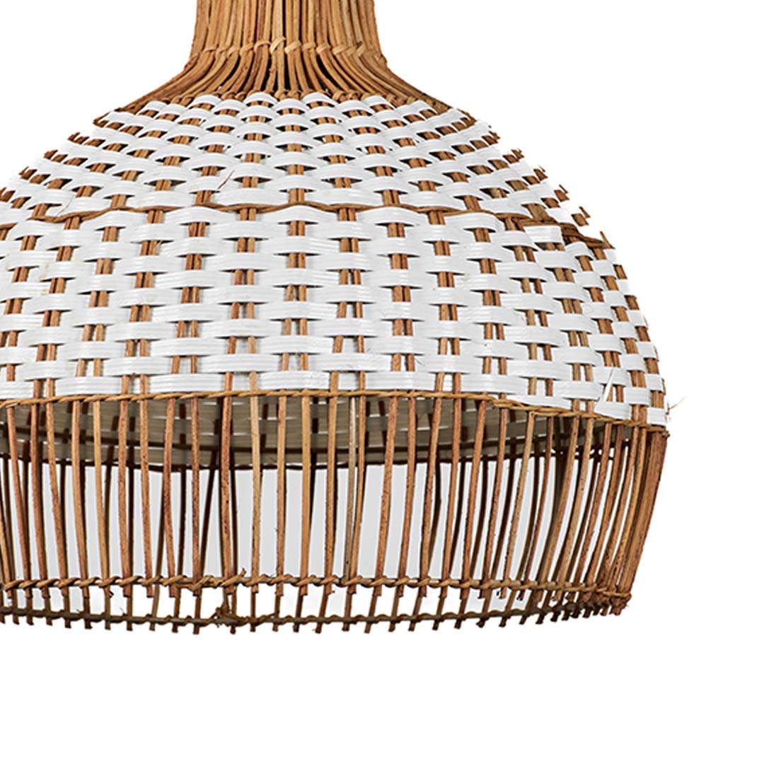 Closeup of woven rattan pendant light showcasing natural brown texture and handcrafted artisan details.