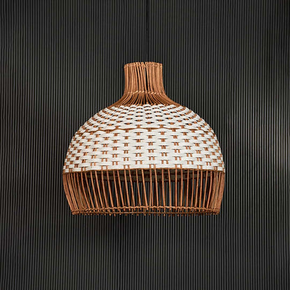 Natural and white rattan pendant light with woven design for elegant coastal inspired interiors.