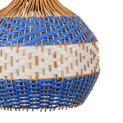 Closeup of blue and beige woven rattan pendant light showcasing handcrafted texture and coastal charm.