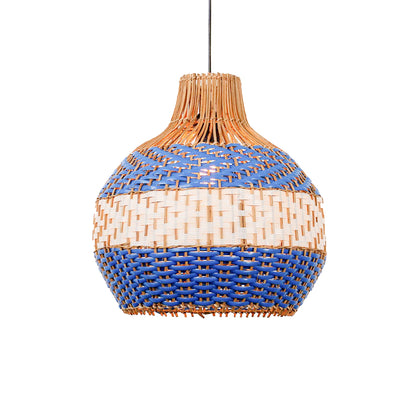 Handwoven rattan pendant light with blue and natural pattern and rounded shape hanging against soft neutral wall background for boho decor styling.