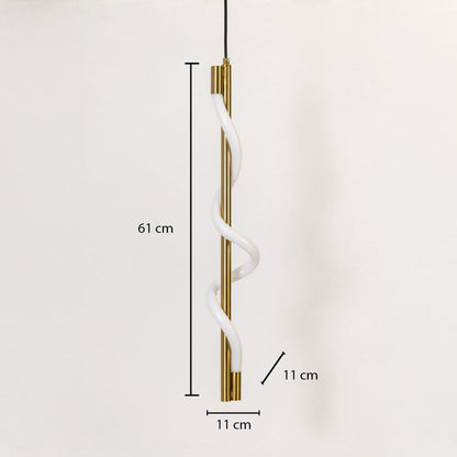 Gold metal spiral pendant light measuring 61 cm height and 11 cm width shown on white background for modern home decor.