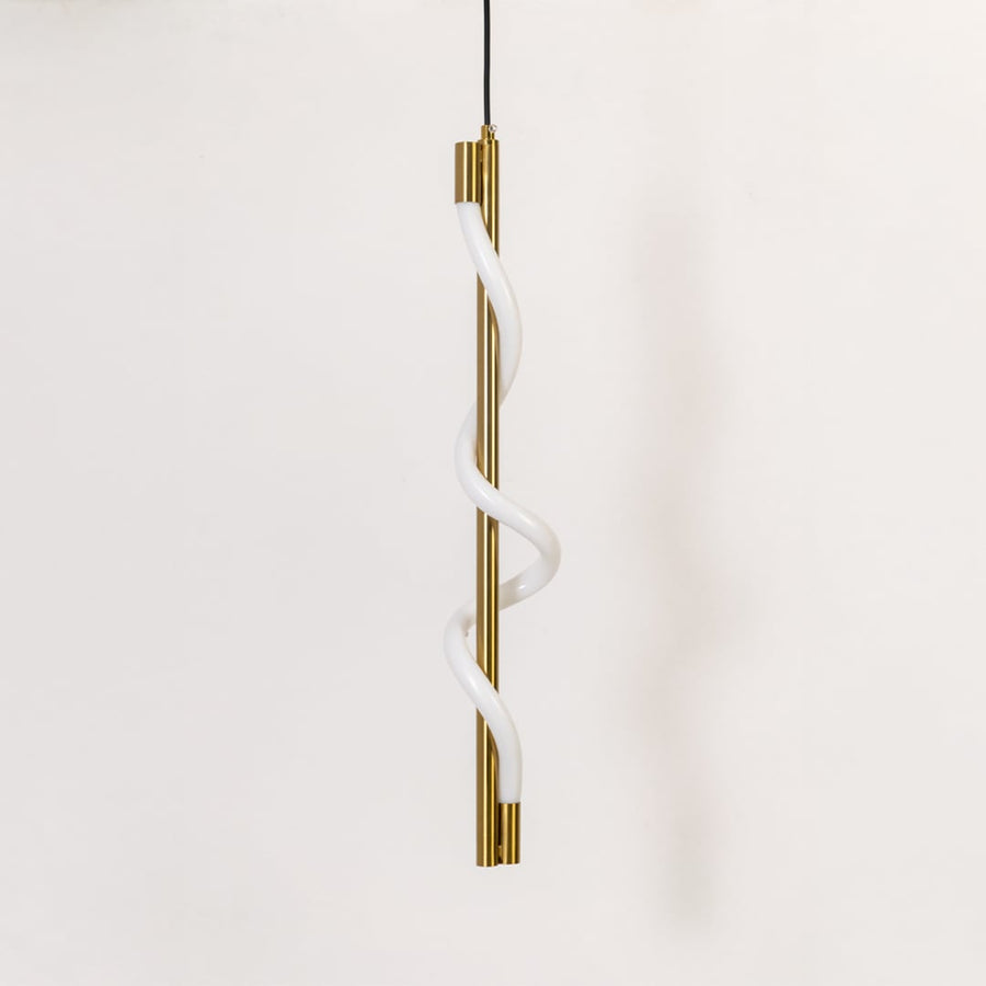 Gold metal spiral pendant light with light off displayed on white background for stylish living room and dining decor.