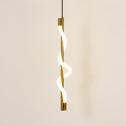 Gold metal spiral pendant light glowing softly on white background for modern living room kitchen island and dining decor.