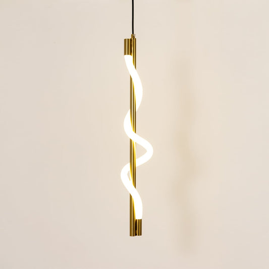 Gold metal spiral pendant light glowing softly on white background for modern living room kitchen island and dining decor.