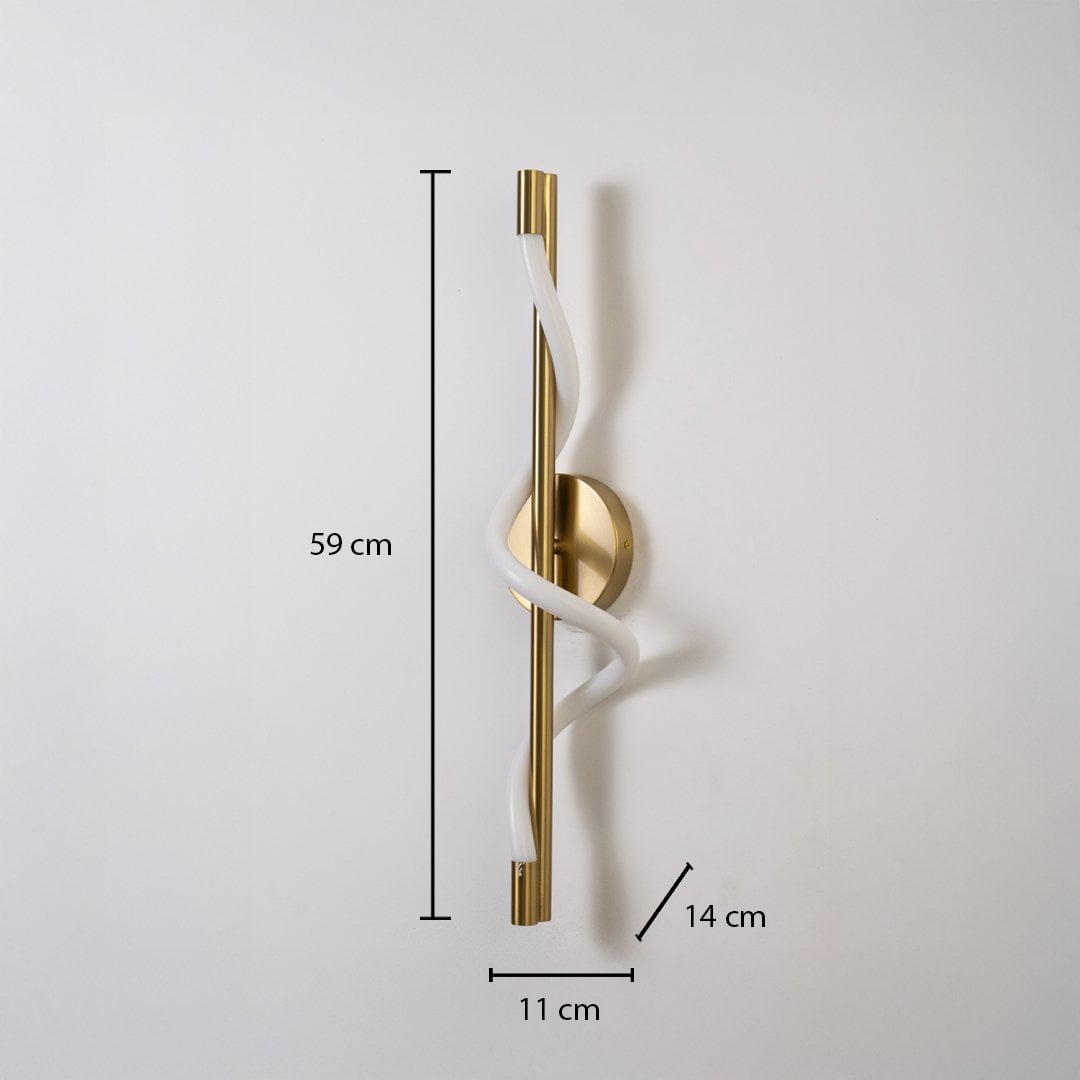 Gold spiral wall light shown with 59 cm height 11 cm width and 14 cm depth for accurate wall placement.