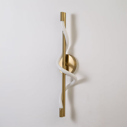 Gold metal wall light with white spiral tube shown switched off on white background for minimal stylish home decor.