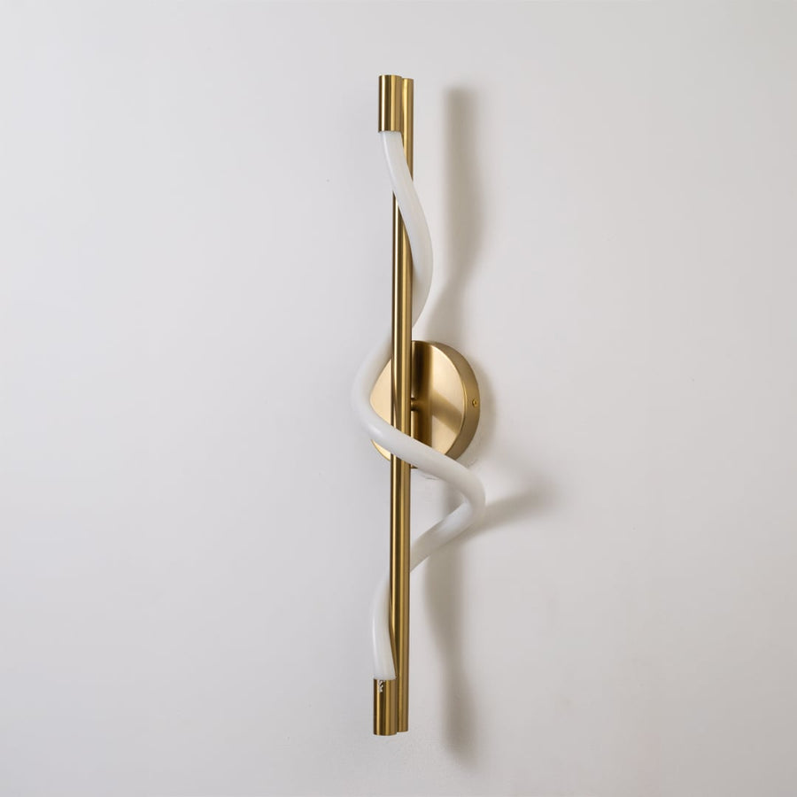 Gold metal wall light with white spiral tube shown switched off on white background for minimal stylish home decor.
