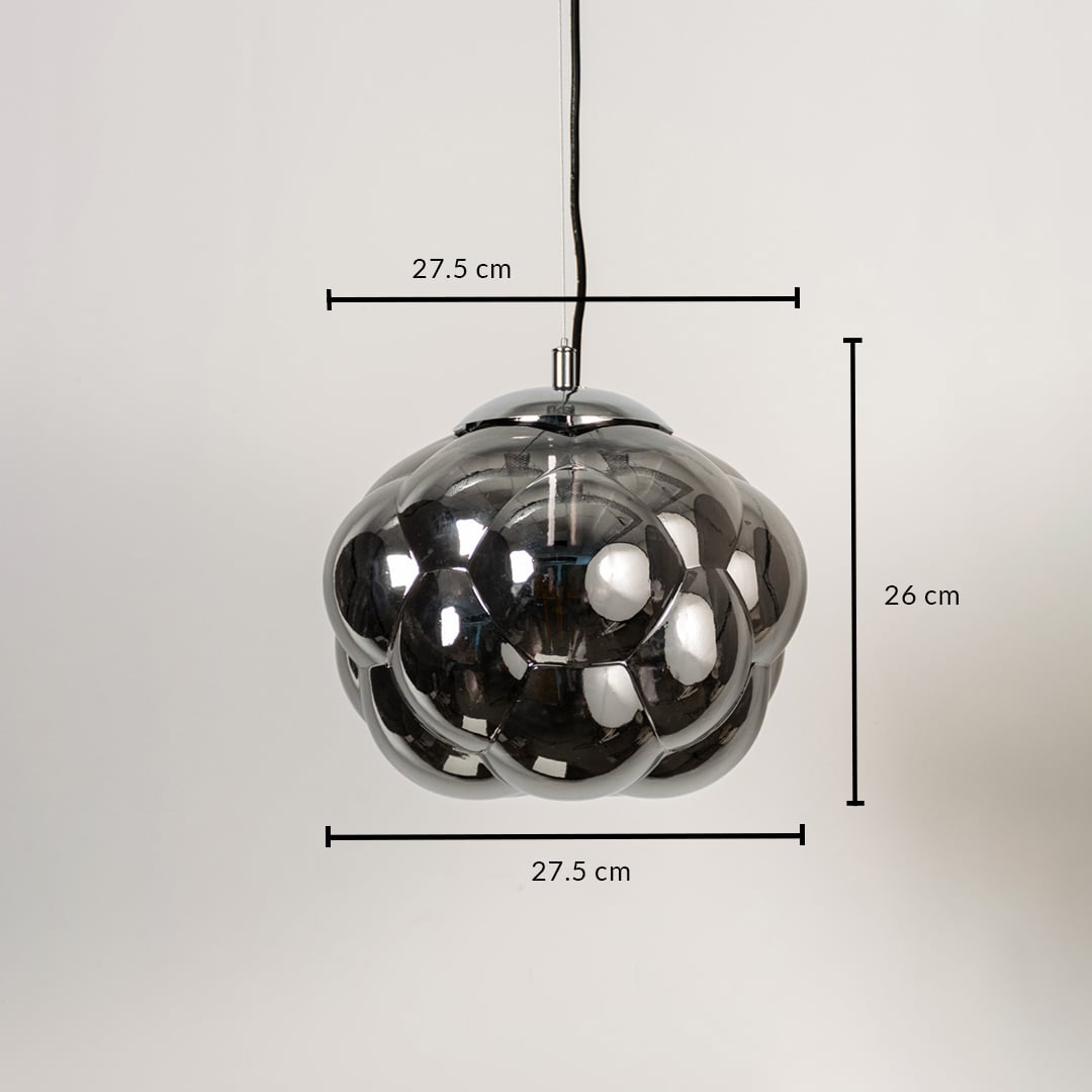 Bubble pendant light with smokey glass shade shown with 26cm height and 27.5cm width for stylish interior lighting.