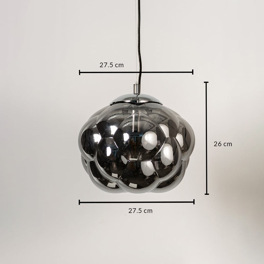 Bubble pendant light with smokey glass shade shown with 26cm height and 27.5cm width for stylish interior lighting.