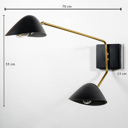 A dual head black and gold wall lamp with measurements showing 70 cm width 55 cm height and 13 cm depth illustrated clearly against a white background.