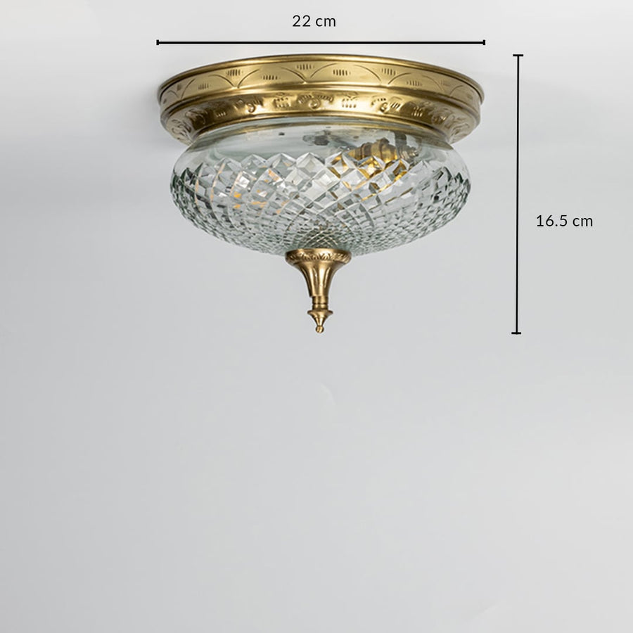 Antique brass crystal ceiling light with 22 cm diameter and 16.5 cm height for traditional decor spaces.