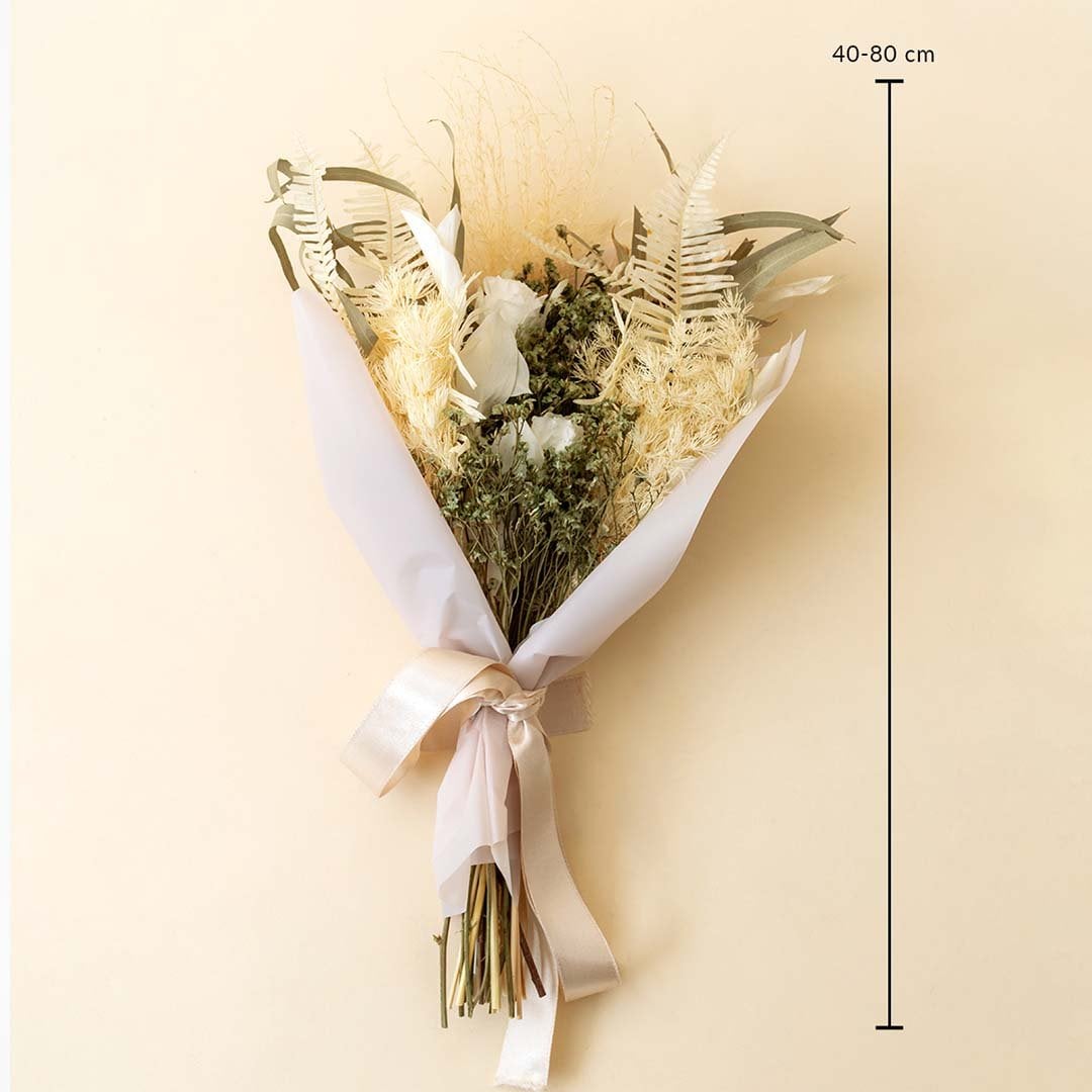 White infinity rose bouquet measuring 40–80 cm wrapped in premium paper with ivory satin ribbon bow.