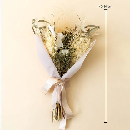 White infinity rose bouquet measuring 40–80 cm wrapped in premium paper with ivory satin ribbon bow.