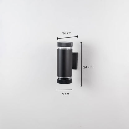Black wall light dimension image showing 24 cm height 16 cm depth and 9 cm width suitable for compact elegant lighting setups.