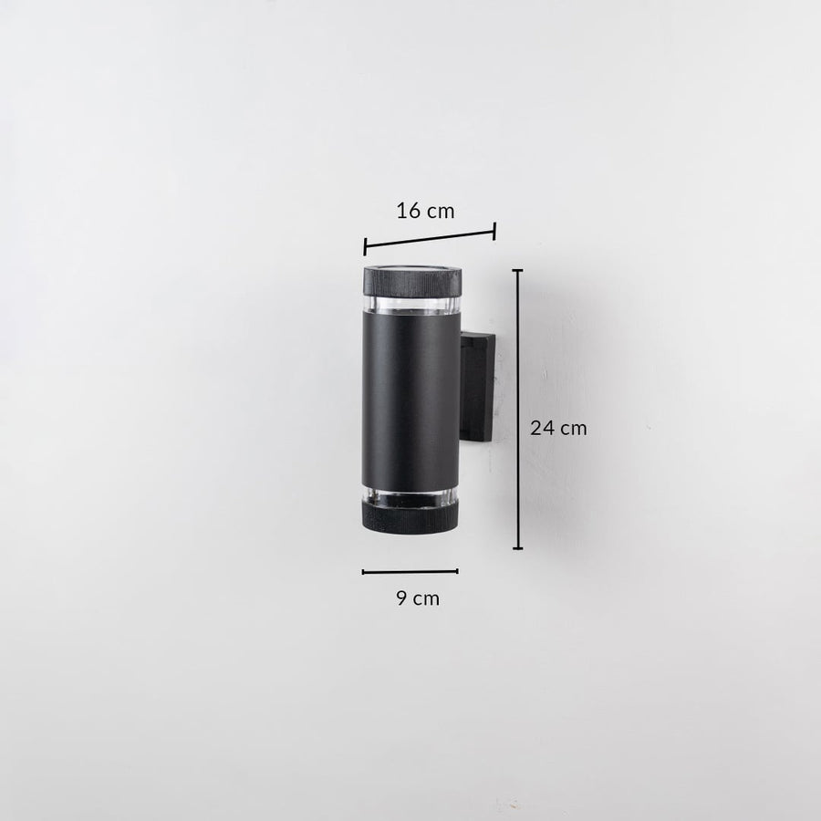 Black wall light dimension image showing 24 cm height 16 cm depth and 9 cm width suitable for compact elegant lighting setups.
