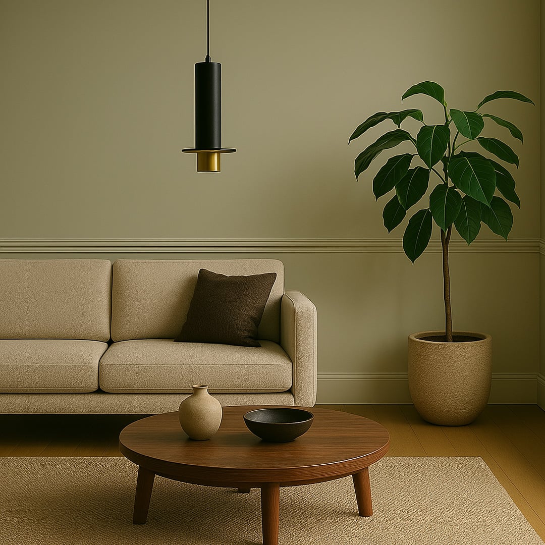 Stylish black and gold metal pendant light hanging in modern interior setting creating a warm elegant lifestyle look
