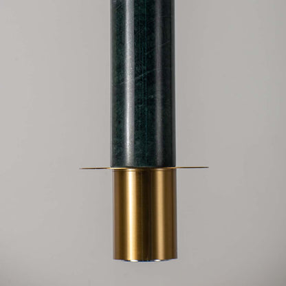 Contemporary pendant lamp with green marble cylindrical body and brass gold base crafted for dining bedroom and hallway use.