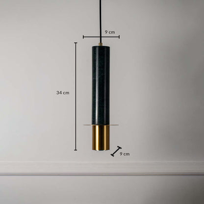 Pendant light with green marble cylindrical body 34 cm height and 9 cm width featuring brass gold base for luxury interiors.