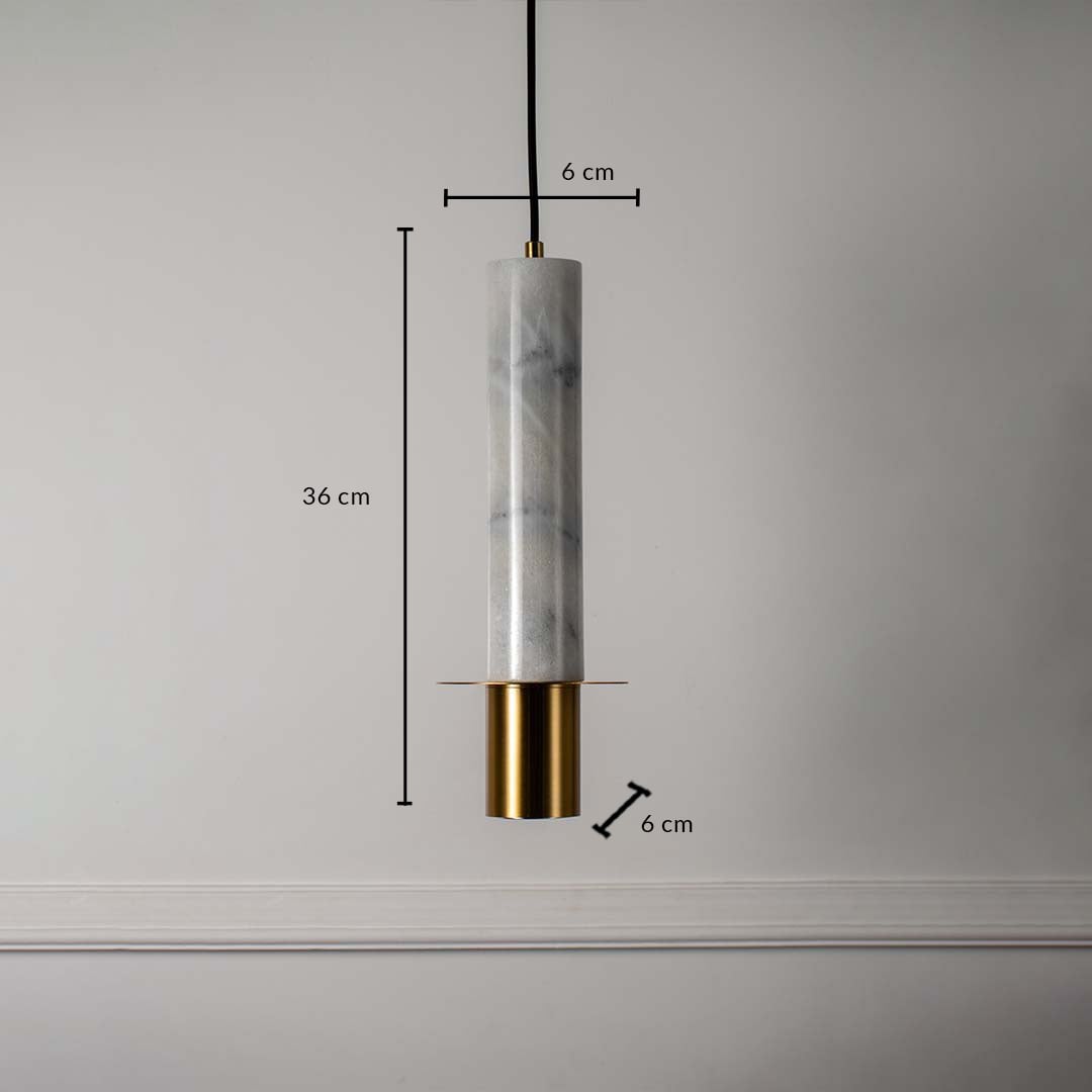 Pendant light with white marble cylindrical body 36 cm height and 6 cm width featuring brass gold base for interiors.