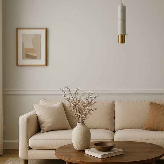 Luxury white marble and brass gold pendant light with sleek cylindrical design adding elegance to modern living room decor.