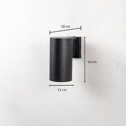 Black metal cylindrical outdoor wall light measuring 20 cm height and 11 cm width ideal for modern exterior wall decor.