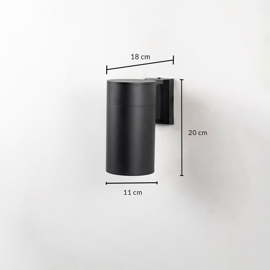 Black metal cylindrical outdoor wall light measuring 20 cm height and 11 cm width ideal for modern exterior wall decor.