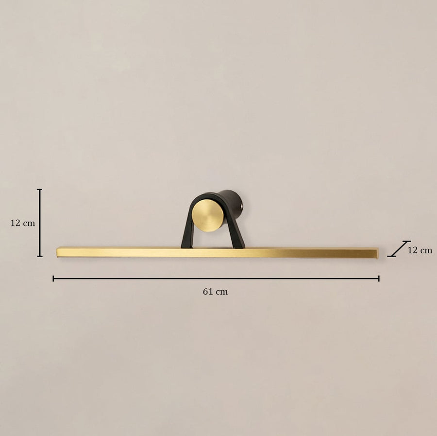 Black and gold metal picture light measuring 61 cm wide and 12 cm high for artwork mirror and wall display lighting.
