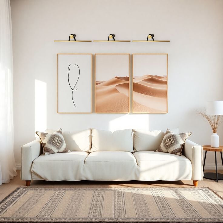 Black and gold metal picture lights highlighting framed artwork above bed creating refined gallery inspired bedroom decor.
