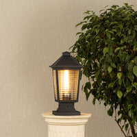 Black outdoor gate light with warm glowing bulb styled beside plants for elegant exterior decor ambiance.