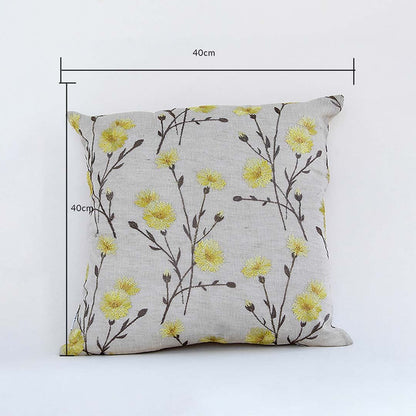 Yellow floral cushion cover shown with clear guides marking its 40 cm x 40 cm size offering a bright home décor accent for sofas beds and interior design setups.