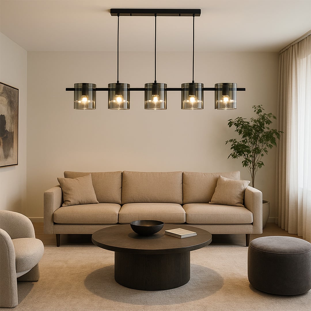Black metal chandelier with five smoked glass shades styled in a modern dining room creating warm elegant ambient lighting decor.