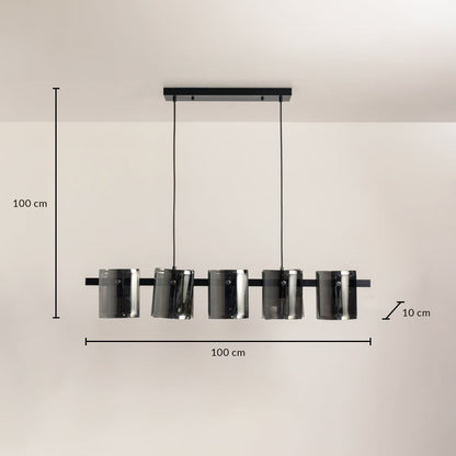 Black chandelier with smoked glass shades shown with 100 cm width 10 cm depth and 100 cm height for modern ceiling lighting.