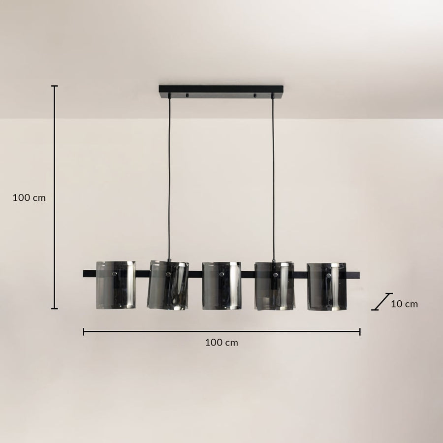 Black chandelier with smoked glass shades shown with 100 cm width 10 cm depth and 100 cm height for modern ceiling lighting.