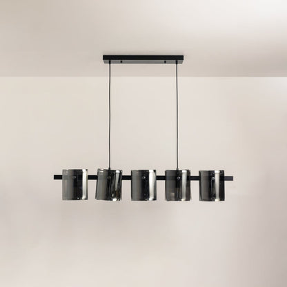 Black metal chandelier with smoked glass shades shown on a bright white background with lights off for a sleek modern look.
