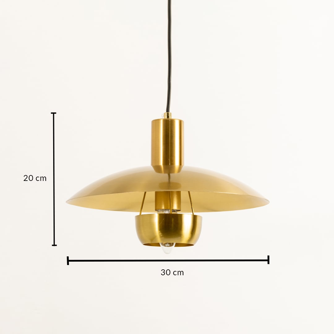 Gold metal disc pendant light dimension image with 30 cm width and 20 cm height for dining room placement.