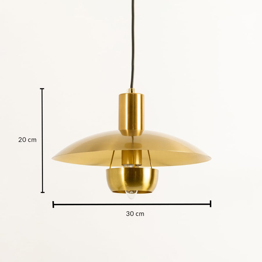 Gold metal disc pendant light dimension image with 30 cm width and 20 cm height for dining room placement.