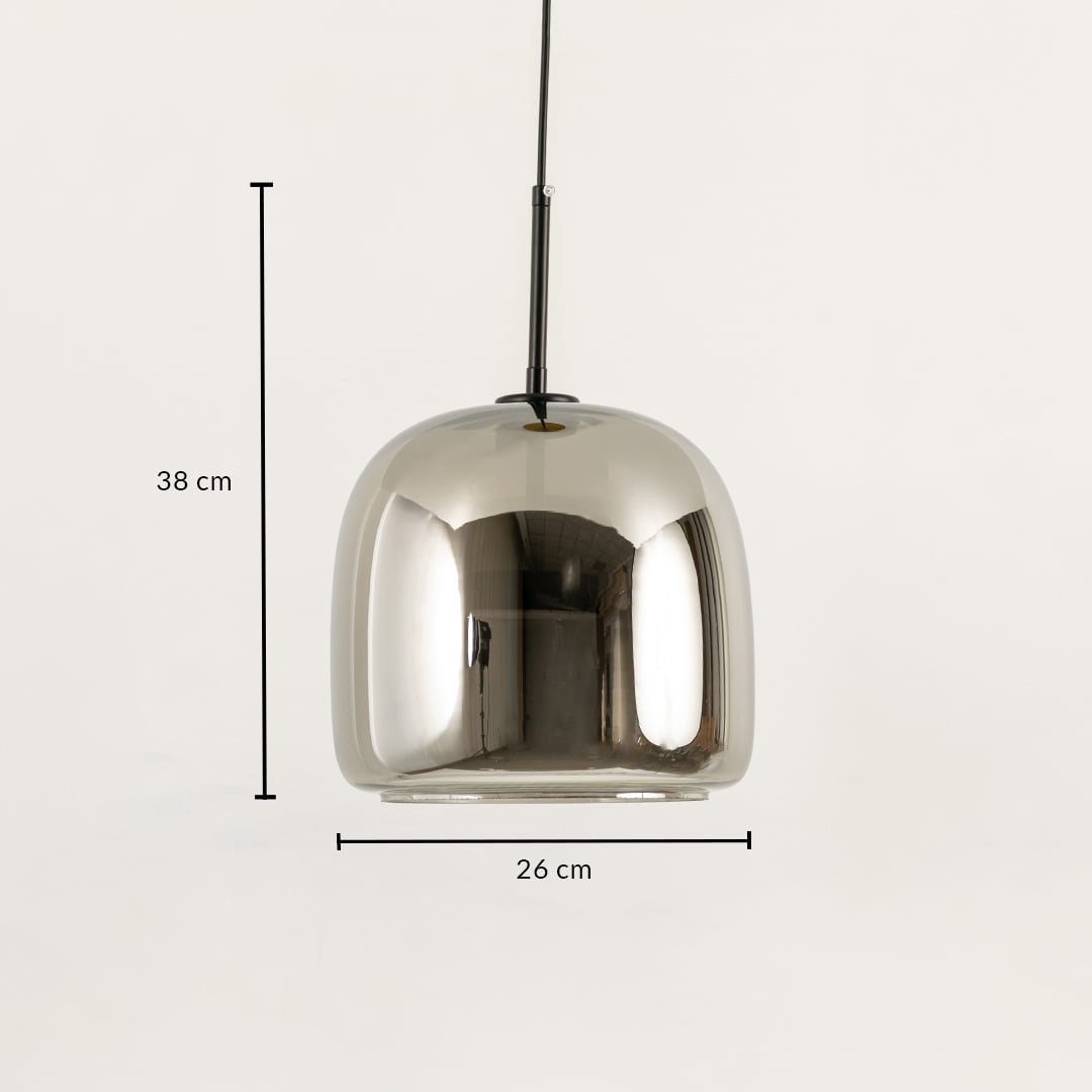 Metallic pendant light with a rounded reflective shade shown with measurement of 28 cm height emitting a warm soft glow that enhances the modern interior.
