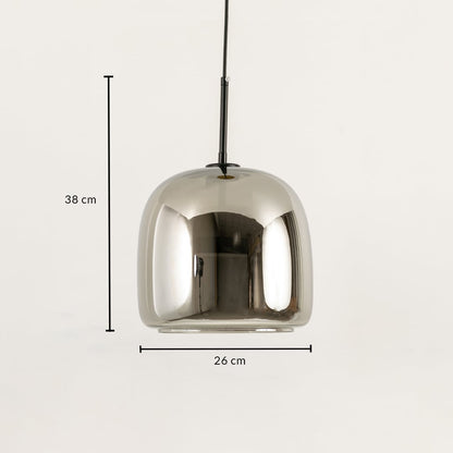 Metallic pendant light with a rounded reflective shade shown with measurement of 28 cm height emitting a warm soft glow that enhances the modern interior.