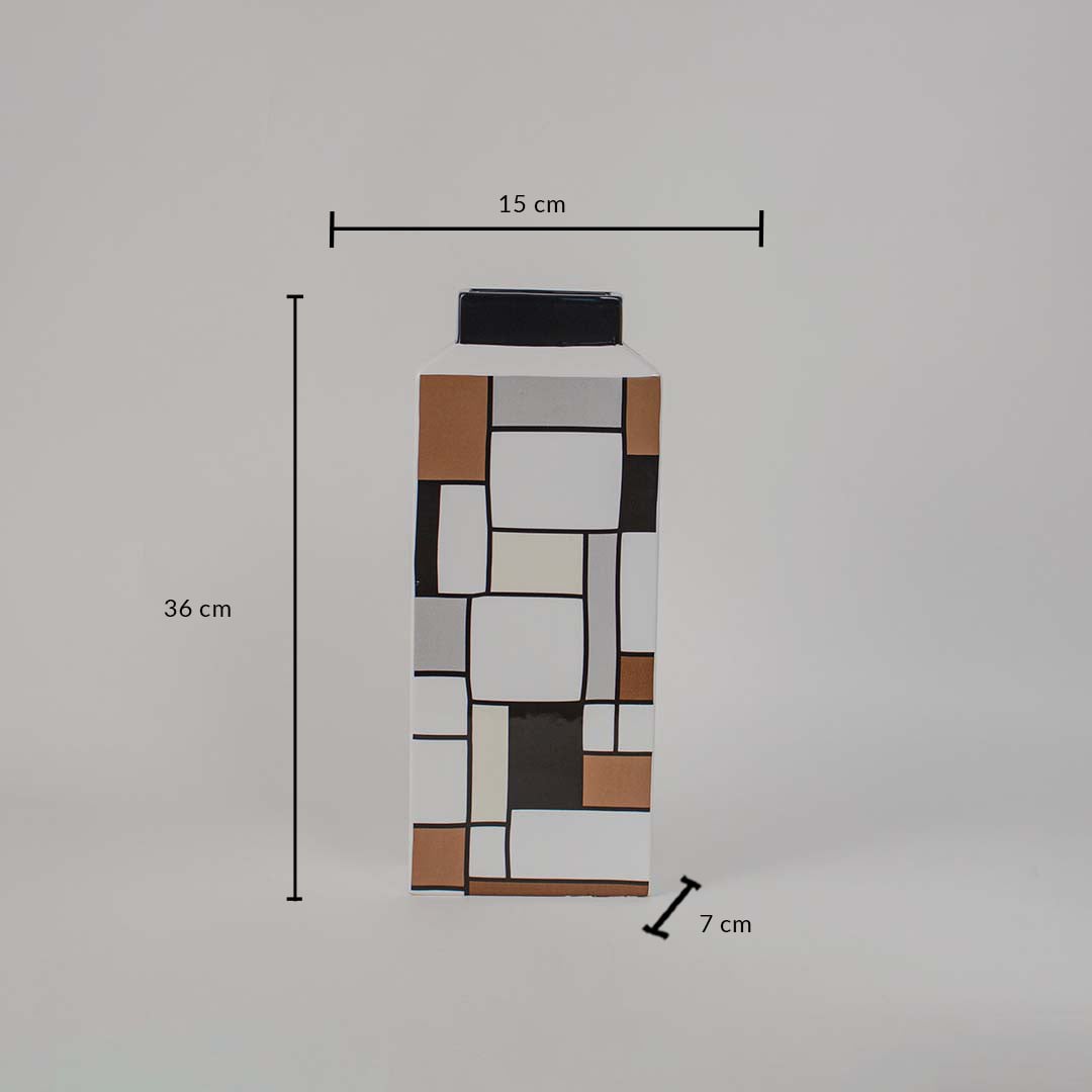 Ceramic vase with geometric block design shown with size 36 cm height 15 cm width and 7 cm depth for home decor use.