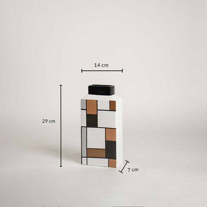 Geometric ceramic vase shown with dimensions 29 cm height 14 cm width and 7 cm depth clearly presenting the product size.