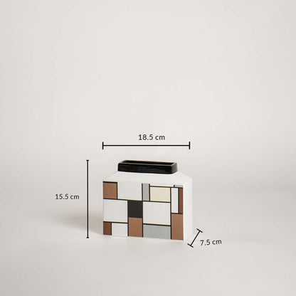 Geometric ceramic vase shown with dimensions 15.5 cm height 18.5 cm width and 7.5 cm depth clearly displaying product size.