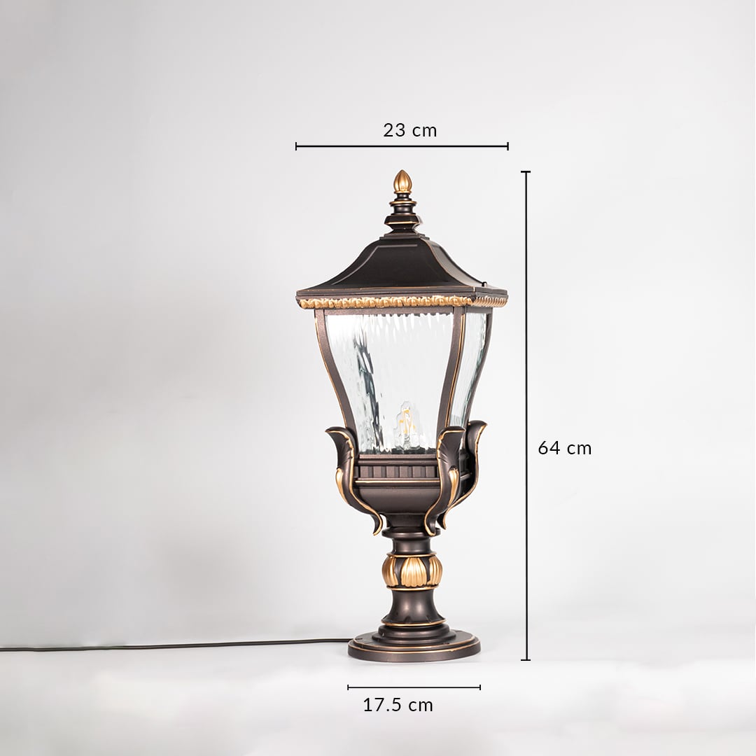 Vintage outdoor gate light dimension image with 44 cm height and 23 cm width for decor use.