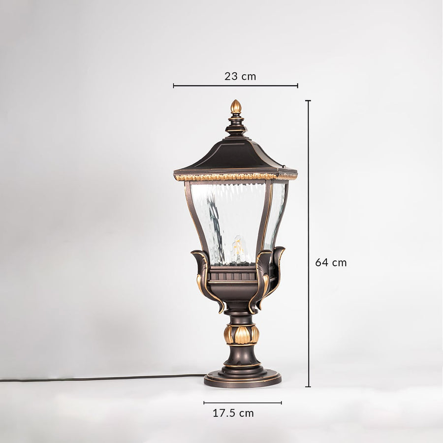 Vintage outdoor gate light dimension image with 44 cm height and 23 cm width for decor use.