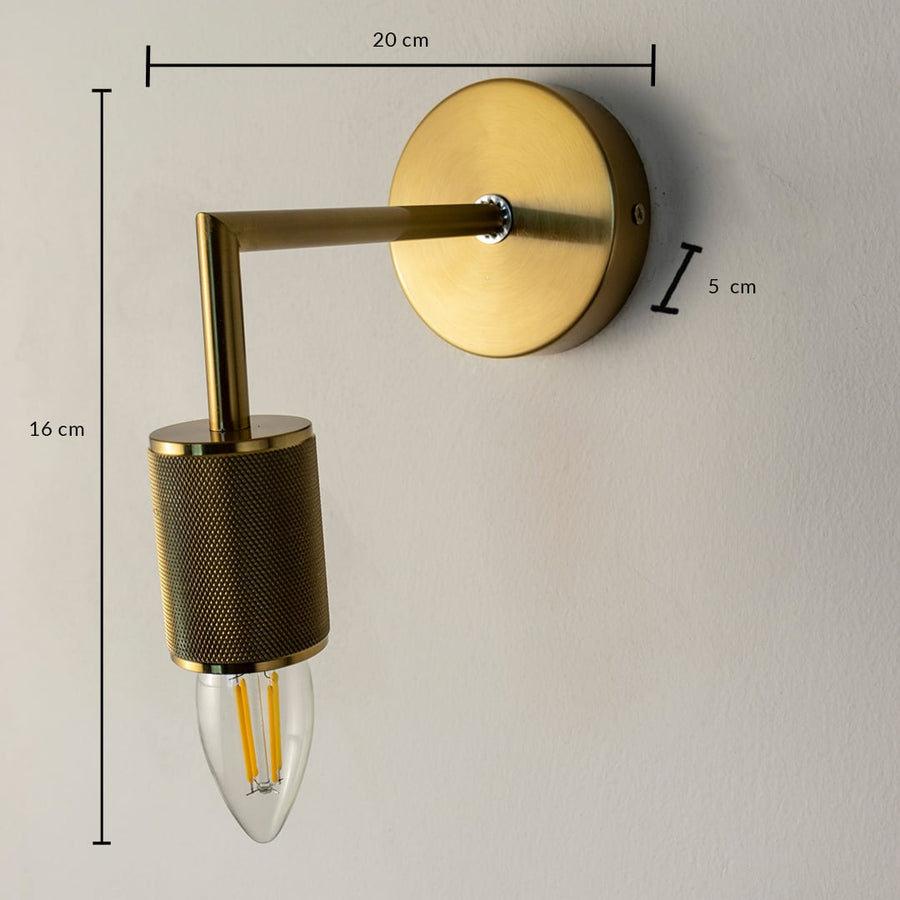 Gold wall light 16 cm tall and 20 cm wide displayed with measurements ideal for bedrooms hallways and living rooms.