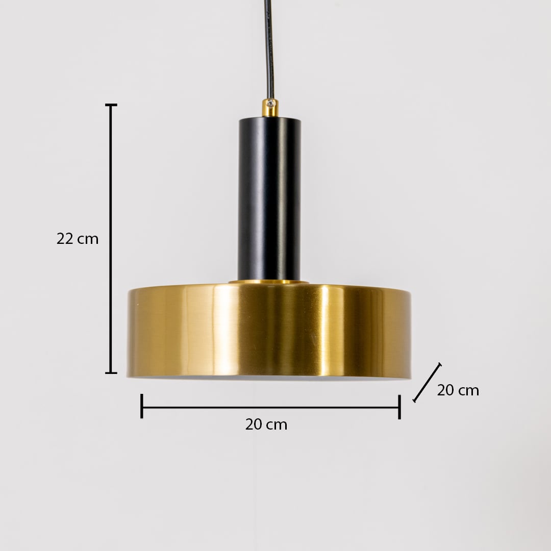 Gold and black pendant light displayed with dimensions clearly shown as 20 cm width 20 cm depth and 22 cm height against a white background.