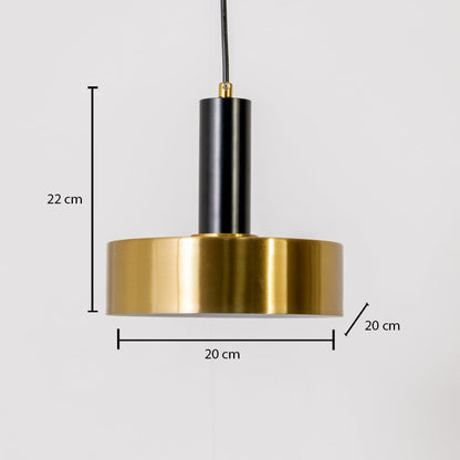 Gold and black pendant light displayed with dimensions clearly shown as 20 cm width 20 cm depth and 22 cm height against a white background.
