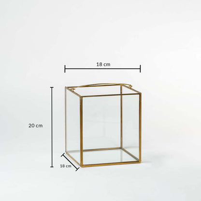 Gold metal cube decor stand with clear glass panels showing 18 cm width 18 cm depth and 20 cm height for tabletop styling.