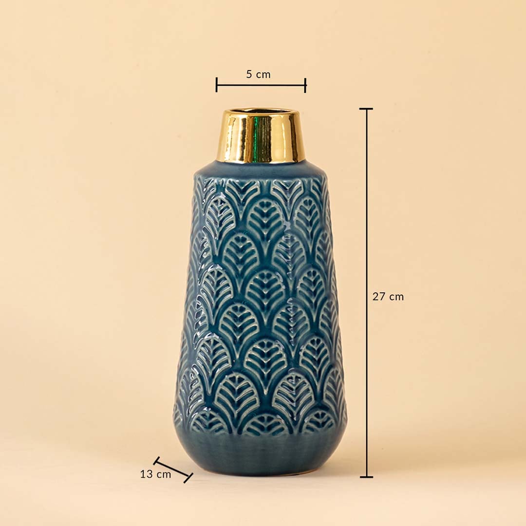 Blue ceramic vase with gold neck shown with dimensions clearly marked at 27 cm height 13 cm width and 5 cm top diameter on a white background for accurate placement.