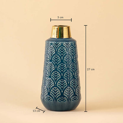 Blue ceramic vase with gold neck shown with dimensions clearly marked at 27 cm height 13 cm width and 5 cm top diameter on a white background for accurate placement.