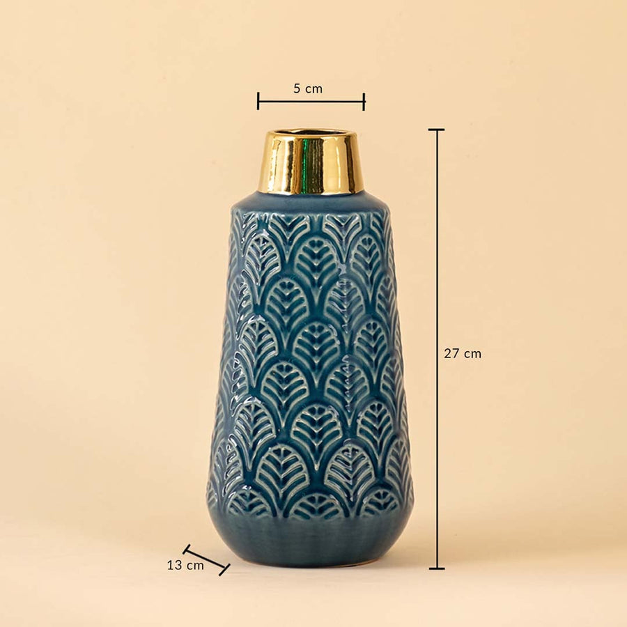 Blue ceramic vase with gold neck shown with dimensions clearly marked at 27 cm height 13 cm width and 5 cm top diameter on a white background for accurate placement.